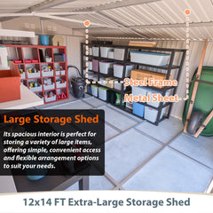 12×14 ft Outdoor Metal Storage Shed, Large Garden Tool Shed with Lockable Double Doors, Waterproof Yard Building, Patio, Light Gray