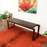 Christina Mid-Century Modern Tan Leather Bench with Solid Wood Frame and Tapered Legs 18.5"H x 55"W x 15.7"D for Living Room Bedroom Waiting Room