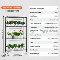 Plant Stand with Grow Light, 4 Tier Plant Shelf with 90W Grow Light for Indoor Plants, 3 Modes Grow Light Shelf Full Spectrum Lights Adjustable Metal Plant Stand for Seed Starting