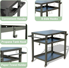 3-Shelf Outdoor Grill Table, Grill Cart with Wheels, Outdoor Pizza Oven Table and Food Prep Table, Blackstone Table with Propane Tank Hook, Grill Stand for Blackstone Griddle for Outside BBQ