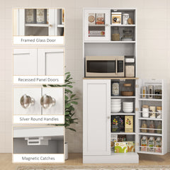 HOMCOM 66.5" Pantry Cabinet with Microwave Stand, Freestanding Kitchen Storage Cabinet with Hutch, 8 Door Shelves, Adjustable Shelves, Food Pantry Cabinet for Dining Room, White
