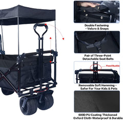 Collapsible Wagon 140L Wagons Carts Foldable with Removable Canopy, Folding Wagon Cart with Wheels for All-Terrain with Brake, Foldable Wagon with Cooler Bag, for Camping Beach Shopping