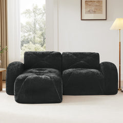 L-shaped Boneless Sofa,Soft Velvet Fabric,Tufted Design,32D High Density Sponge,No Assembly Required,Ergonomic Design Bottom, Anti-Slip Design,Movable Ottoman For Bedrooms,Black