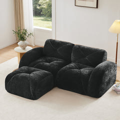 L-shaped Boneless Sofa,Soft Velvet Fabric,Tufted Design,32D High Density Sponge,No Assembly Required,Ergonomic Design Bottom, Anti-Slip Design,Movable Ottoman For Bedrooms,Black