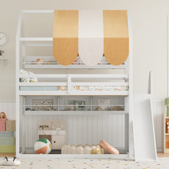 Full Size house Bed with Canopy, Slide & Built-In Bookshelves, white