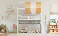 Full Size house Bed with Canopy, Slide & Built-In Bookshelves, white