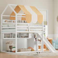 Full Size house Bed with Canopy, Slide & Built-In Bookshelves, white