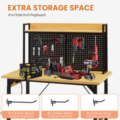 48''Adjustable Workbench with pegboard, Heavy Duty Wooden Desktop Workbench with Wheels, 1600 lb. Load Capacity, Rolling Workbench with AC/USB Outlet, Hooks, Shelf, for Garage, Workshop, Office, Home.