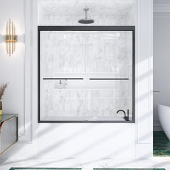 56"-60"W*60" H Semi-Frameless Double Sliding Shower Door, Bypass Shower Door, 1/4" (6mm) Thick SGCC Tempered Glass Door, Matte Black