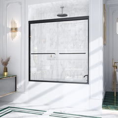 56"-60"W*60" H Semi-Frameless Double Sliding Shower Door, Bypass Shower Door, 1/4" (6mm) Thick SGCC Tempered Glass Door, Matte Black