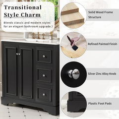 36'' transitional bathroom vanity with ceramic sink – features 2 soft-close doors, an adjustable U-shaped shelf, 3 drawers (including one with divider), painted finish, and ample storage space