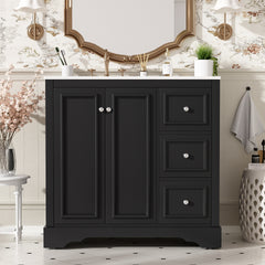 36'' transitional bathroom vanity with ceramic sink – features 2 soft-close doors, an adjustable U-shaped shelf, 3 drawers (including one with divider), painted finish, and ample storage space