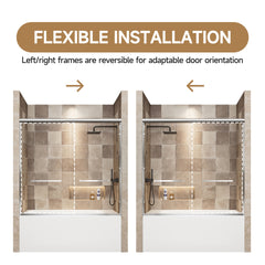 56"-60" W x 57" H Aluminum Frame Double Sliding Shower Door, Soft-Close Chrome Bathtub Door, 1/4" (6mm) Clear Tempered Glass With Explosion-proof Film, Dual Stainless Steel Handles