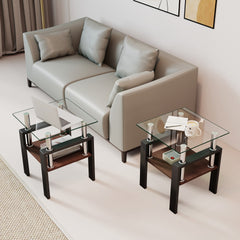 Set of 2 Modern Tempered Glass Tea Table,Tempered Glass Tabletop with MDF Layer,Coffee Table,End Table, Square Table for Living Room, Transparent/Black