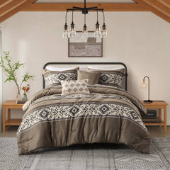 5 Piece Stripe Herringbone Comforter Set with Throw Pillows Brown Full/Queen