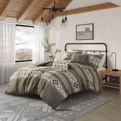 5 Piece Stripe Herringbone Comforter Set with Throw Pillows Brown Full/Queen