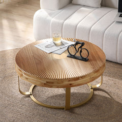 Modern round coffee table Wooden carving pattern coffee table with metal legs for living room reception room office Golden