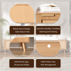 Rattan TV Stand for TVs up to 90'', Modern Farmhouse Media Console, Entertainment Center with Solid Wood Legs, TV Cabinet for Living Room, Bedroom