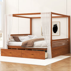 Wooden Canopy Bed with Storage Drawers, King size, Walnut