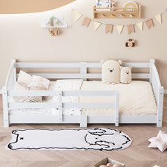 Twin Montessori Floor Bed with Slats and Safety Guardrails, Solid Wood Floor Bed with Fence and Without Door, Easy Assemble Montessori Bed for Girls and Boys, White