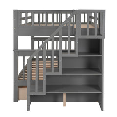 Stairway Full-Over-Full Bunk Bed with Drawer, Storage and Guard Rail for Bedroom, Gray