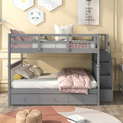 Stairway Full-Over-Full Bunk Bed with Drawer, Storage and Guard Rail for Bedroom, Gray
