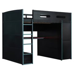 Full Size Wood Loft Bed with Desk,Wardrobe,Ample Storage Space,and RGB Light, Cloud Blue