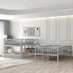 Full-Over-Full-Over-Full Triple Bed with Built-in Ladder and Slide , Triple Bunk Bed with Guardrails, Gray
