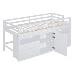 Twin Size Loft Bed with 4 Drawers, Underneath Cabinet and Shelves, White