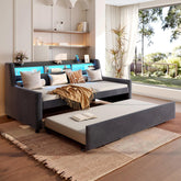 Twin Size Daybed with Trundle, Upholstery Daybed with LED Light & Charging Station, Velvet Day Bed with Wood and Metal Frame