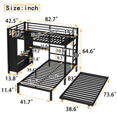 Twin over Twin Bunk Bed with Built-in Wardrobe, Metal Bunk Bed with Trundle, Foldable Desk, Ladders, Noise-reduced design, Black