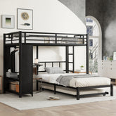 Twin over Twin Bunk Bed with Built-in Wardrobe, Metal Bunk Bed with Trundle, Foldable Desk, Ladders, Noise-reduced design, Black