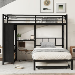 Twin over Twin Bunk Bed with Built-in Wardrobe, Metal Bunk Bed with Trundle, Foldable Desk, Ladders, Noise-reduced design, Black