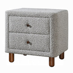 Classic Gray Two Drawers Nightstand 1pc Wooden Legs Plush Boucle Upholstered Bedroom Furniture