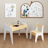 Kids Table Set with One Chair, Wooden Children Study Table, 2-8 Age Kids Funiture , White+Natural