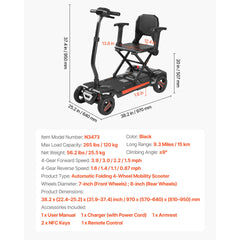 4-Wheel Electric Mobility Scooter Auto Folding Scooter with Remote Control