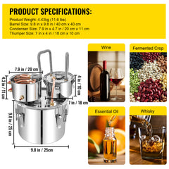 Alcohol Still, 3 Gallon, Stainless Steel Alcohol Distiller with Copper Tube & Build-in Thermometer & Water Pump, Double Thumper Keg Home Brewing Kit, for DIY Whiskey Wine Brandy