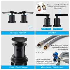 Matte Black Widespread Bathroom Faucet, Waterfall Bathroom Faucets for Sink 3 Hole, 2-Handles Modern Vanity Faucet with Pop Up Drain Assembly and Lead-Free Supply Hose,8-Inch