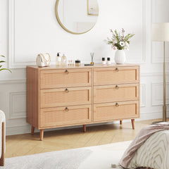 Rattan 6 Drawer Double Dresser for Bedroom, Chest of Dressers, Modern Dresser Drawer Chest