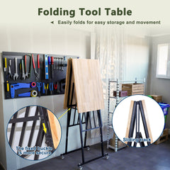 SmartFold Heavy-Duty Folding Butcher-Block Workbench- Portable Wood-Top Utility Table w/ Locking Casters & Quick-Collapse Steel Frame