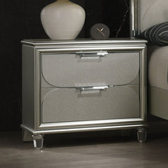 Contemporary Silver 1pc Nightstand Acrylic Handles Embossed Panels English Dovetails 2-Drawers Bedside Table