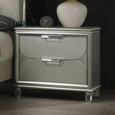 Contemporary Silver 1pc Nightstand Acrylic Handles Embossed Panels English Dovetails 2-Drawers Bedside Table