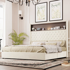Queen Size Velvet Tufted Soft Bed Frame with USB Port and Night Light,52'' High Headboard with Rivet Decoration, Wing-back Platform Bed with Headboard Shelf, Beige