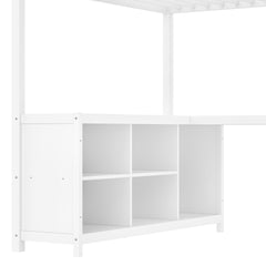 Metal Loft Bed with Wardrobe and L-shaped Desk, Full Size Loft Bed with Storage Cubes and Shelves, Loft Bed for Kids Teens Adults, White