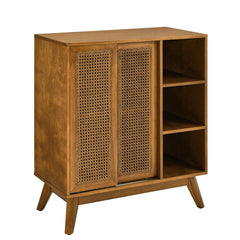 Mid Century Modern Rattan Sideboard Cabinet, Buffet Cabinet for Entryway Hallway Living Room Kitchen Dining Room, Adjustable Shelf & Solid Wood Feet & Rattan Cabinet Doors - Light Wood