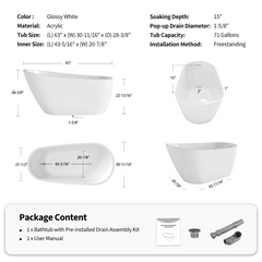 63" Acrylic Freestanding Bathtub, Stylish Deep Soaking Bathtub with Pop-up Drain & Integrated Overflow, Contemporary Stand Alone Bath Tub for Bathroom Spa or Home Upgrade, Glossy White TH-26A04-63