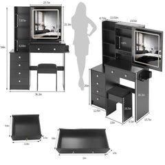 37 inch Middle Size Left Bedside Cabinet Vanity Table + Cushioned Stool Dresser Set, 2 AC+2 USB Socket, Hair Dryer Stand, Large Touch Control LED Sliding Mirror, 3-color Switch, EPA, GCC, UL Certificate
