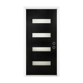 36 x 80 Fiberglass Entry Door with Brickmould, Frosted Glass - Contemporary Style for Home's Front Entrance, Left Hand Inswing, Black Finished Knock-Down Fiberglass Door with 6-9/16 White Vinyl Frame
