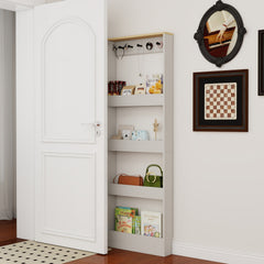 Behind The Door 69" Tall Bookcase with 4 Shelves and 5 hooks, Space-Saving Narrow storage cabinet for Living Room, Children's Room, Study Room, Kitchen, Corridor-Antique White