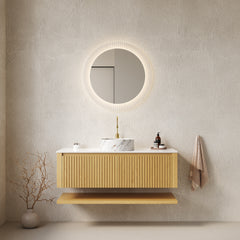 HIZON 48" Bathroom Vanity&Sink, Wall-Mounted Plywood Bathroom Storage Cabinet with Drawers&Open Shelf, Sintered Stone Countertop&Ceramic Basin, Pre-assembled, Corolla Oak Woodgrain (New SKU)